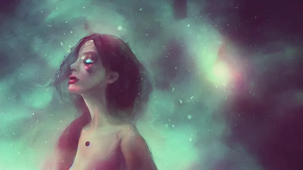 Image similar to whimsical, a single beautiful playful woman, wearing professional makeup, standing in a lake, blowing trippy smoke, under the stars, with a binary black hole with a ring in the sky, by Lois van Baarle, by Greg Rutkowski, by Ilya Kuvsninov, cinematic angle, face enhance, volumetric lighting, cinematic lighting, digital art, 4k resolution, octane render, trending on artstation, masterpiece