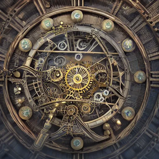Image similar to complex magic mechanism, time machine flying over the earth, steampunk, indian style, ornament, mechanism leaving, a luminous trail, intricate clockwork, photorealistic rendering, 4 k rendering, intricate details,