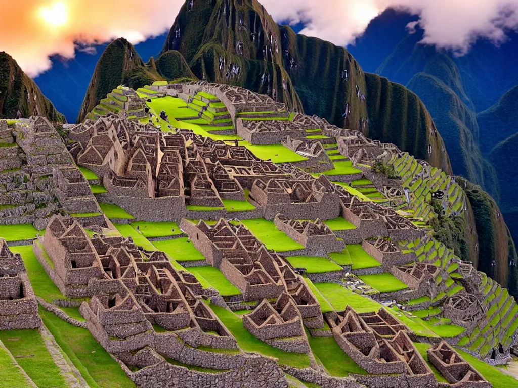 Prompt: a serene landscape of three giant, abstract, brightly - colored metallic pyramids in machu picchu at sunset