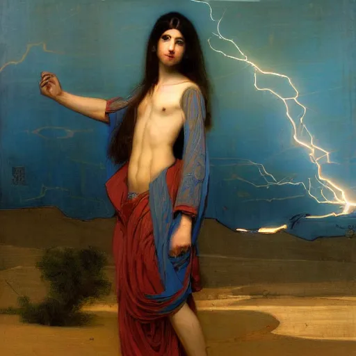 Prompt: orientalist painting of a figure in a blue robe standing in front of a lightning strike in the desert intricate artwork by Fabio Fabbi and john william waterhouse and Edwin Longsden Long and Nasreddine Dinet and Theodore Ralli trending on artstation, very coherent symmetrical artwork high detail 8k