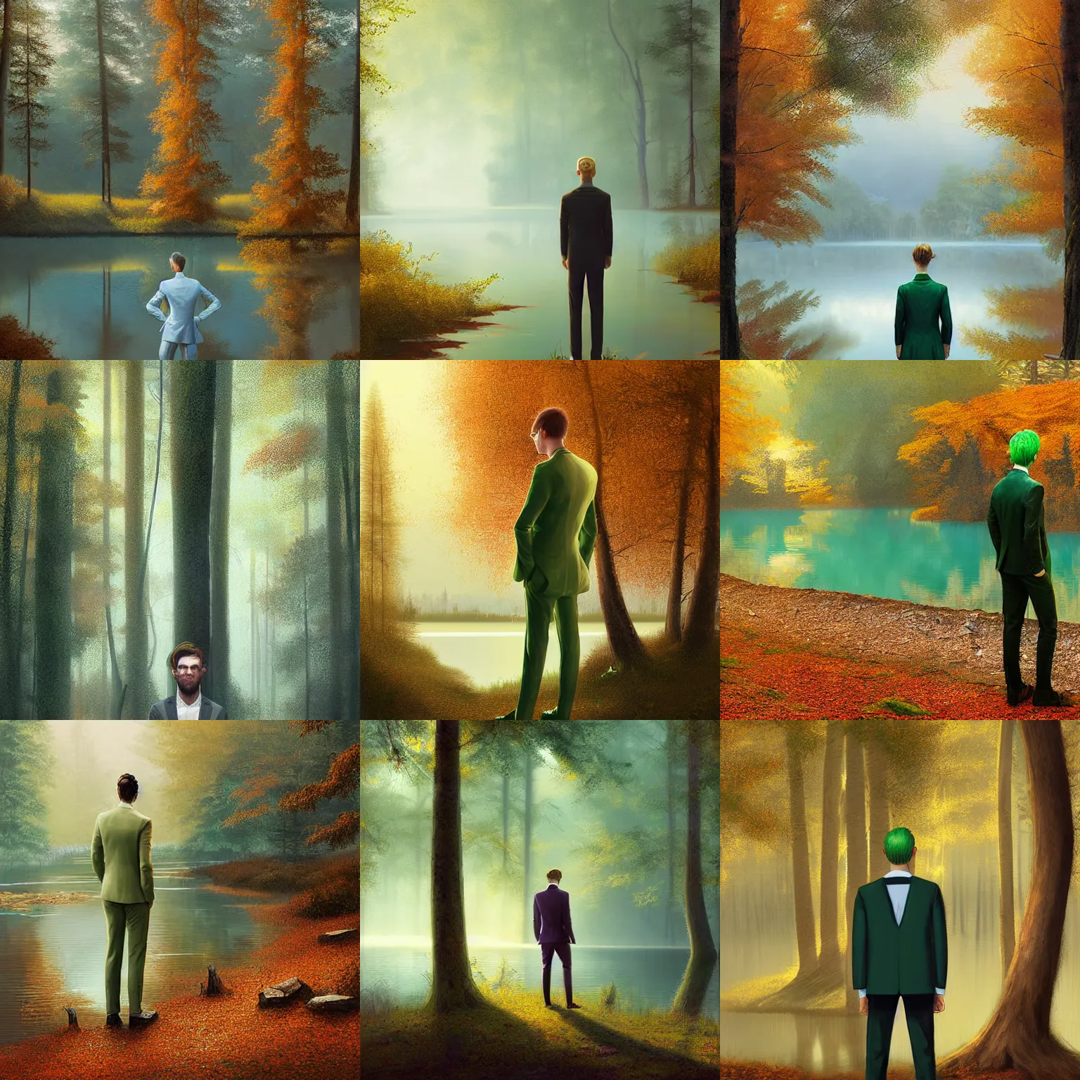 Prompt: digital art young man with green hair wearing a cream suit standing before a lake in autumn in a forest, digital art, golden light by Greg Rutkowski by wlop