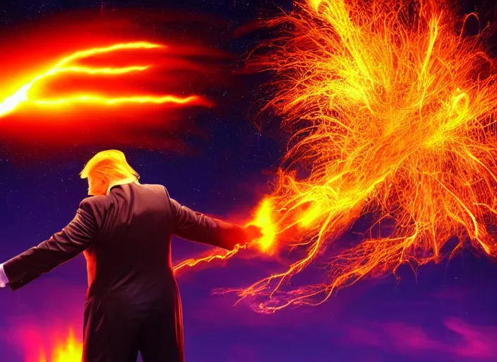 Image similar to burning donald trump on fire casting fireballs, colorful hd picure, lightning in the background