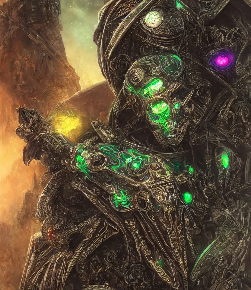 Image similar to beautiful portrait of necron lord, cheeky smile, glowing eyes, intricate details, colourful, atmospheric light, ominous ancient city on the background, dark fantasy, ultra realistic details, detailed face, artstation, illustration, one character, symmetrical, by arthur adams