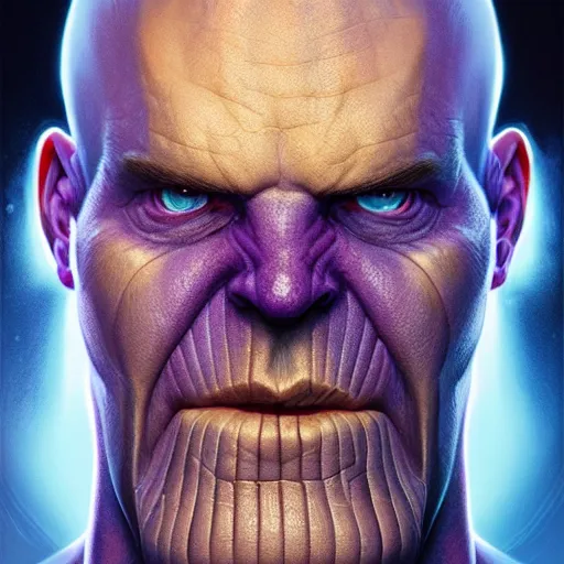 Image similar to thanos face hyperrealistic portrait, photo realistic, poster, artstation, volumetric lighting, digital art, very detailed face by magali villeneuve