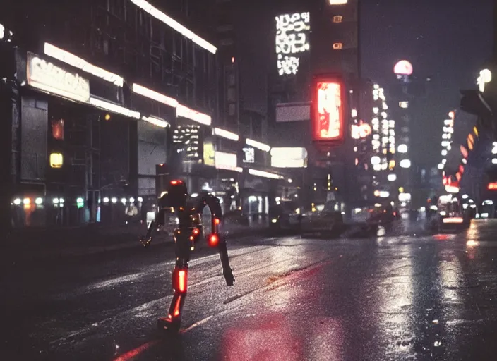 Image similar to a kodachrome photo of a tall huge metallic cyborg droid android with glowing lights, running sprinting on a rainy night in the city in the 1 9 5 0's, seen from a distance, canon 5 0 mm, cinematic lighting, film, photography, award - winning, neon, cyberpunk, blade runner