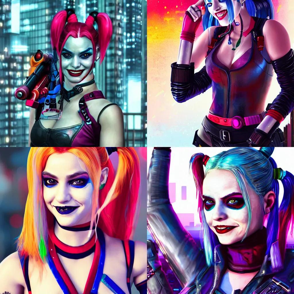 Prompt: Harley Quinn in cyberpunk clothes, smiling softly, closeup shot, city background, vibrant colors, 4k, artstation, artstationHD, digital art