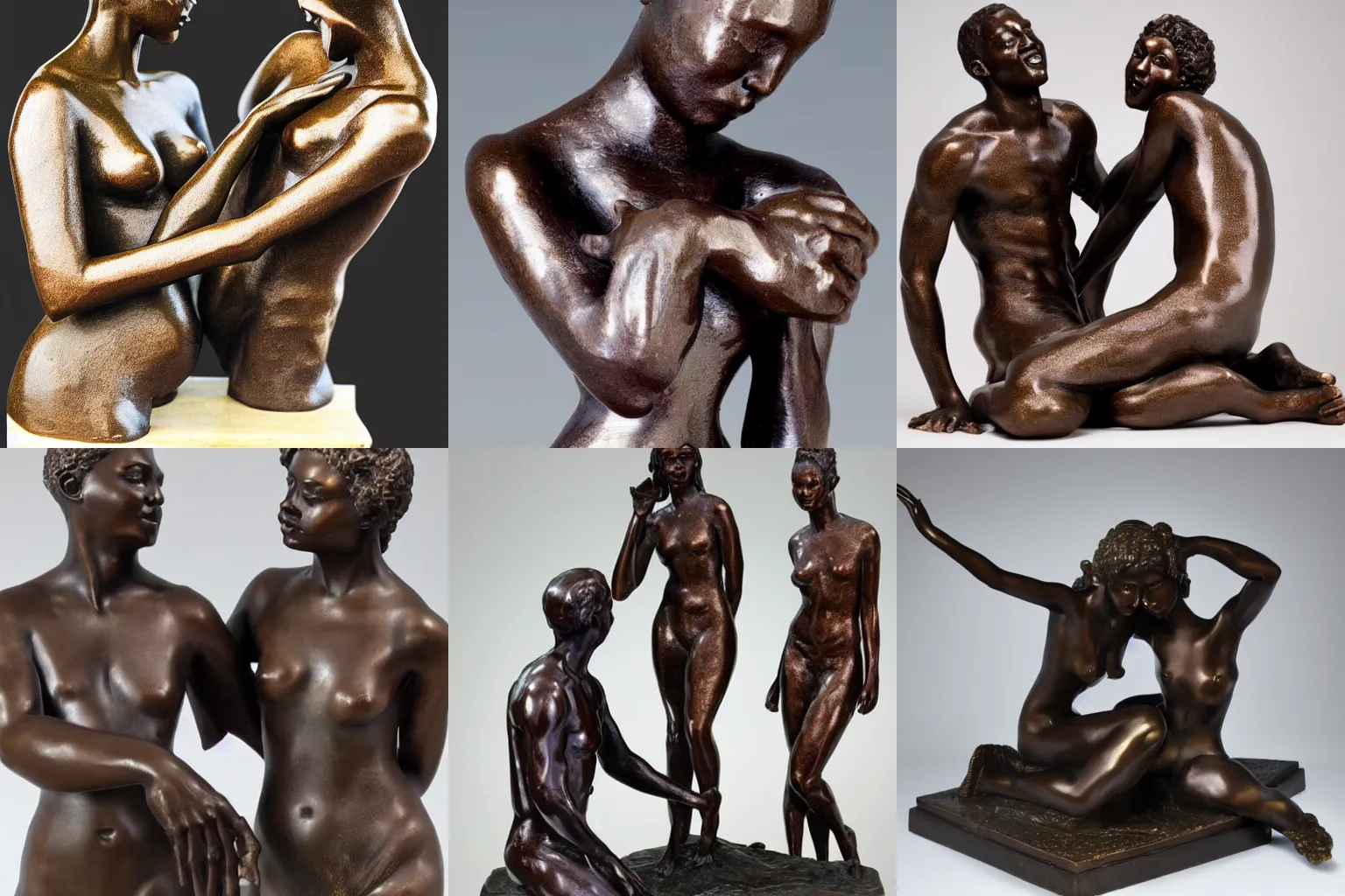 Prompt: bronze sculpture of beautiful racially diverse people caressing sensuously
