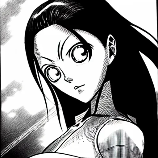 Image similar to alita by yukito kishiro. medium shot. black and white manga. pencil drawing. high detailed face