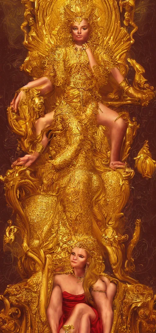 Image similar to a beautiful painting of a golden goddess sitting on a throne, dennis velleneuve, warm colors, ultra realistic, 8 k, photography