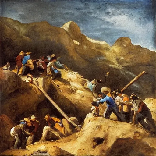 Prompt: “a vibrant painting of a group of people digging a well with pickaxes and spades in the Spanish mountains, surrounded by large grey rocks, the sun burning in the sky, in the style of Goya”