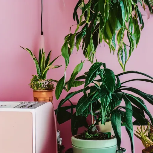 Prompt: A vinyl player in a corner of a pastel-coloured room with plants on each side, dreamy, neon, vibrant, nostalgic, bokeh