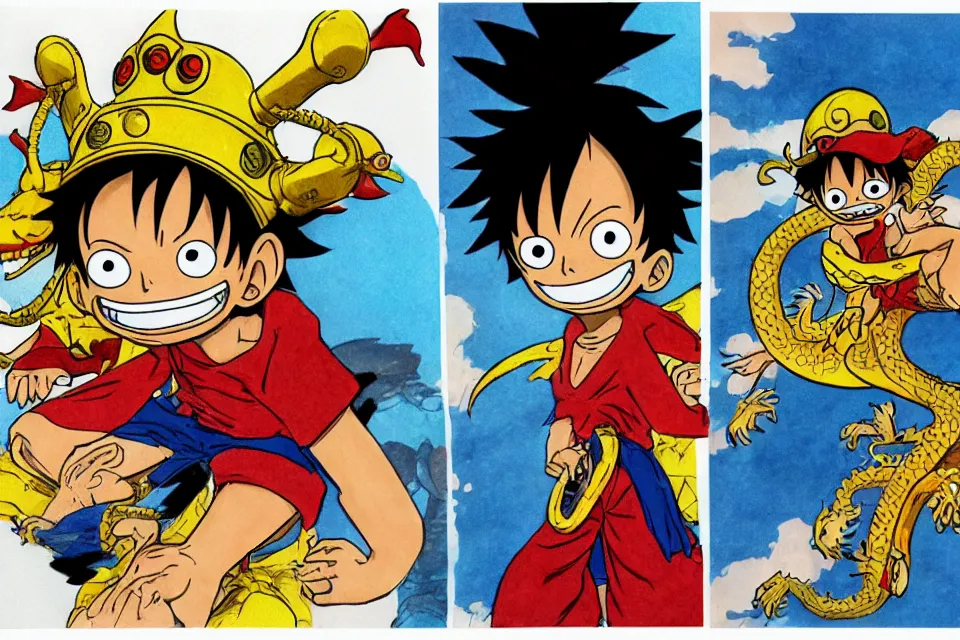 Image similar to concept sketches of luffy wearing a gold crown riding a large dragon by jamie hewlett, in the style of megaman, micro detail