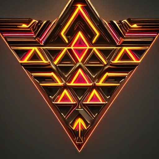 Image similar to chromatic triforce, glossy, metallic, neon, symmetrical, tribal patterns, realistic, unreal engine, octane redshift, artstation, behance