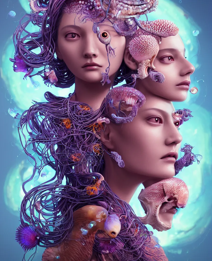 Image similar to goddess close-up portrait of princess face and ram skull. eyes. jellyfish phoenix head, nautilus, orchid, skull, betta fish, bioluminiscent creatures, intricate artwork by Tooth Wu and wlop and beeple. octane render, trending on artstation, greg rutkowski very coherent symmetrical artwork. cinematic, hyper realism, high detail, octane render, 8k