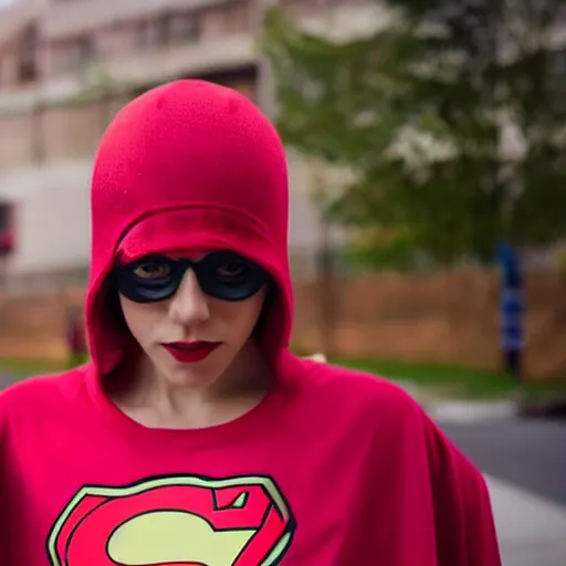 Prompt: A superhero wearing a red T-shirt with a F*CK YOU emblem and a pink cape. The superhero is female and has pink hair. She wears a beanie.
