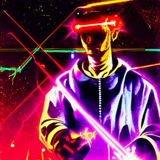 Prompt: Cyber pope shooting bright lasers out of his head, 80s, science fiction, cyberpunk, neon, low angle shot