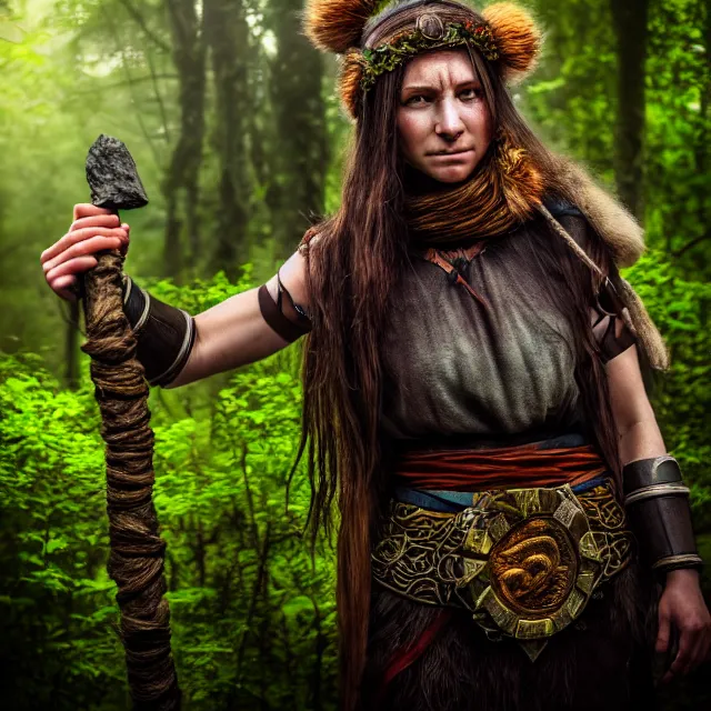 Prompt: photo of a female druid warrior with earth powers, highly detailed, 4 k, hdr, smooth, sharp focus, high resolution, award - winning photo