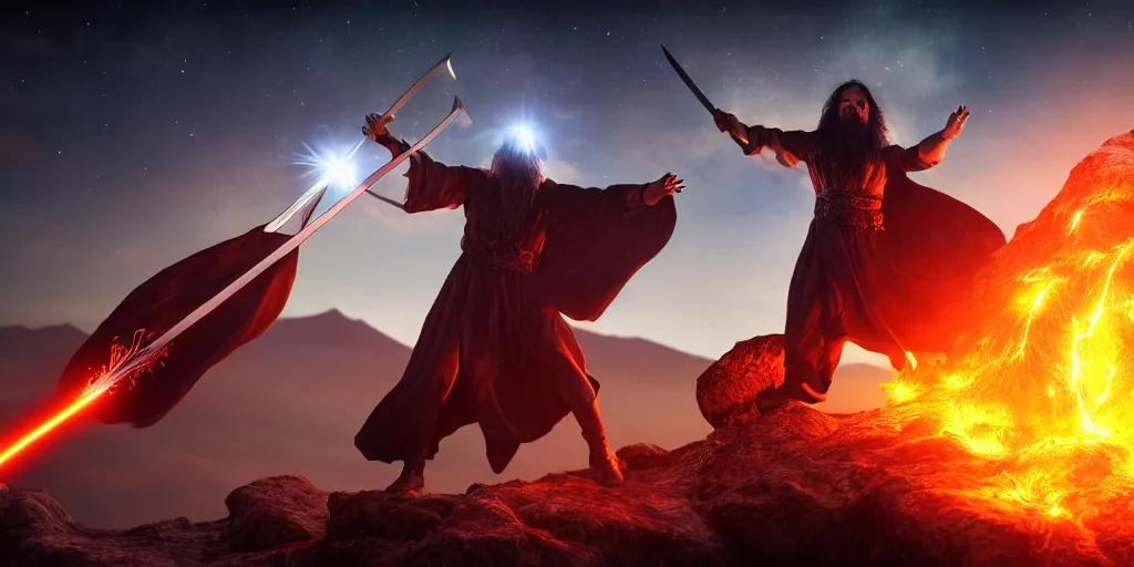 Prompt: levitating wizard wielding a sword, opening a shining portal, night sky, horizon of an erupting volcano, 4 k, ultra realistic, detailed, epic lighting, high detail, masterpiece, trending on artstation