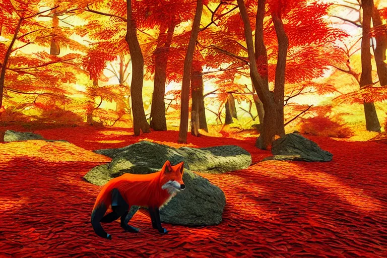 Image similar to super detailed color lowpoly art, red fox in an autumn maple forest, unreal engine, retrowave color palette, 3 d render, lowpoly, colorful, digital art, perspective