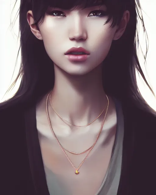 Image similar to full 1 2 0 mm necklace portrait of a beautiful slender kazakh girl, in tshirt, furious, by saruei and guweiz and ilya kuvshinov and rockwell and warhol digital art, ultra clear and sharp focus, trending on artstation hq, deviantart, pinterest, unreal engine 5, 4 k uhd image