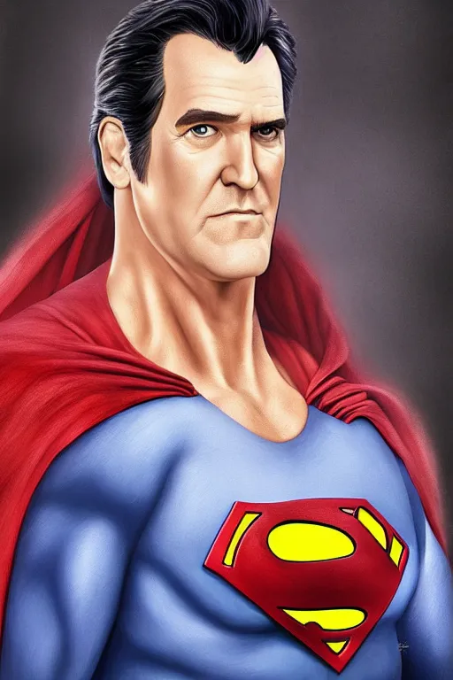 Prompt: bruce campbell as superman, caricature, rpg portrait, high definition digital painting, hyperrealism, beeple, artgerm, hdr, vivid colors, super - resolution