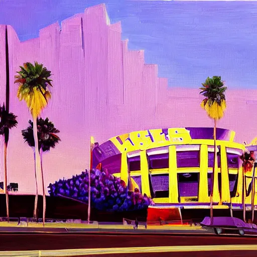 Prompt: the Los Angeles Lakers having the las supper, wide shot, painting. The Staples center as background