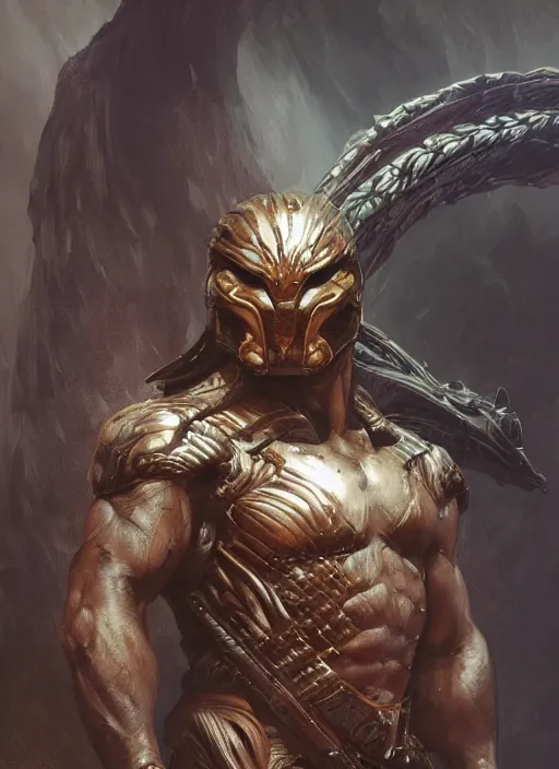 Image similar to The Predator, warrior scene, fantasy, intricate, elegant, highly detailed, digital painting, artstation, concept art, smooth, sharp focus, illustration, fine art by artgerm, greg rutkowski, alphonse mucha