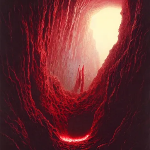 Image similar to will farrell entering a chasm full of unspeakable cosmic horrors, horror, blood red, terrifying atmosphere, atmospheric, by greg rutkowski and zdzisław beksinski, 8 k