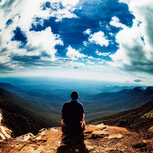 Prompt: a lonely god sits on a mountain overlooking the vast empty world he once ruled, fisheye lens, cinematic, cinematic lighting, cinematic atmosphere