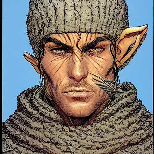 Prompt: Kethlan the elven desert bandit. Epic portrait by james gurney and mœbius.