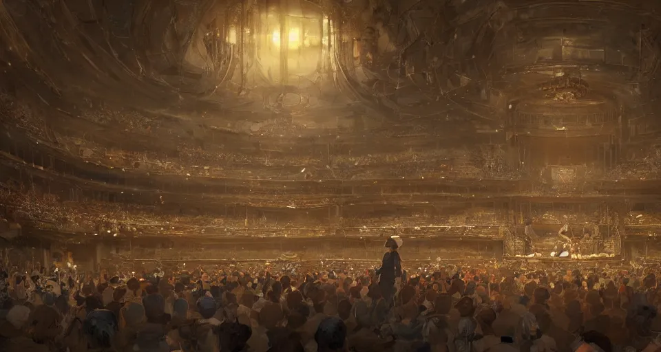 Image similar to craig mullins and ghibli digital art of inside the grand theater, many audience, on the stage, masked female violinists, exotic costumes, gold jewelry, black hair, solo performance unreal engine, hyper realism, realistic shading, cinematic composition, realistic render, octane render, detailed textures, photorealistic, wide shot