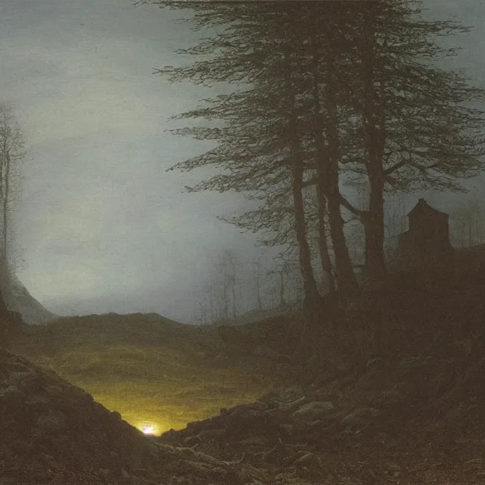 Prompt: painting of a cabin in the moorland by caspar david friedrich, at night, eerie, supernatural