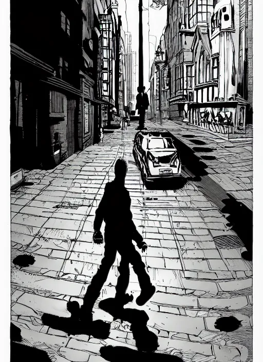 Image similar to young blonde beautiful male boy walking on a city street, mike mignola style, comics, beautiful composition, wide angle, cinematic, volumetric lighting, intricate details