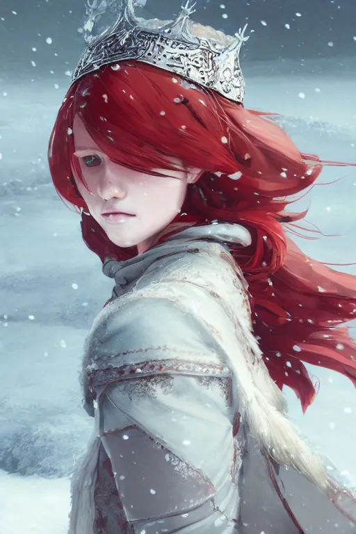 Prompt: highly detailed portrait of a young viking princess in the snow, wavy vibrant red hair, white lace dress, cinematic lighting, dramatic atmosphere, by Dustin Nguyen, Akihiko Yoshida, Greg Tocchini, Greg Rutkowski, Cliff Chiang, 4k resolution, nier:automata inspired, bravely default inspired, luminous snowy background