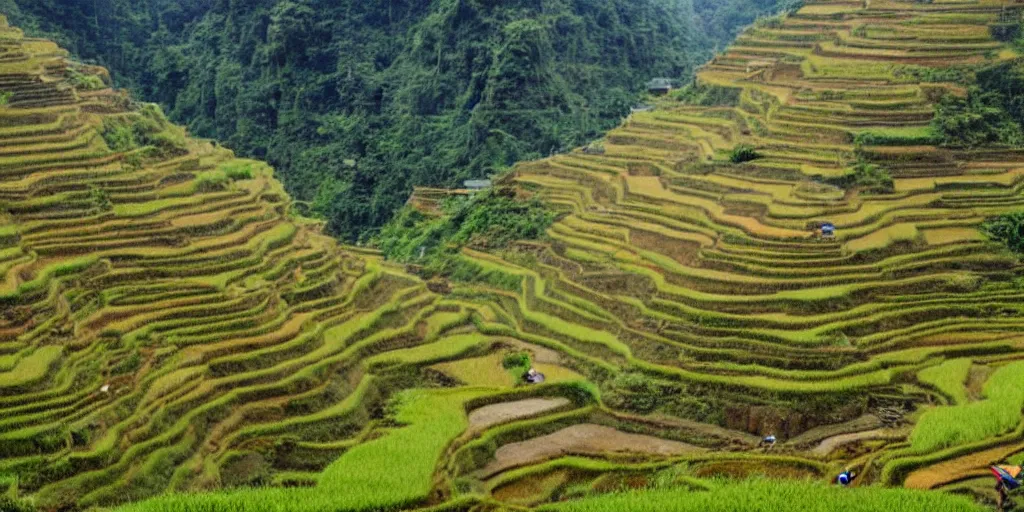 Image similar to a photo of Ifugao rice terraces in the Philippines with futuristic and modern farming equipment and alien structures