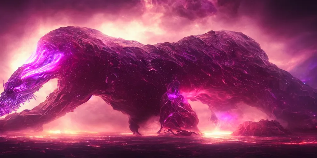 Image similar to Horrific cosmic beast consumes distant future city, megacity collapsing and imploding, beast emerging from timespace tear, cinematic lighting, PBR, hyperrealistic, oil painting, purple crimson color scheme