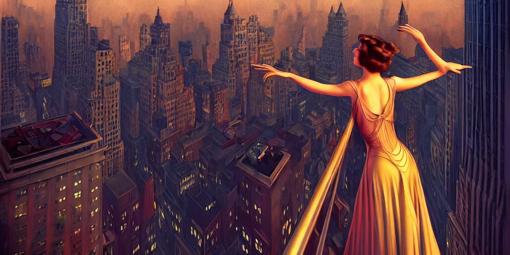 Image similar to a woman standing on a balcony overlooking an axonometric 1920s New York City at dusk, by Rolf Armstrong and Evelyn De Morgan and Bastien Lecouffe-Deharme, dramatic lighting, high contrast colors, baroque, empyrean, panoramic view, as trending on Artstation, highly detailed, doom engine,