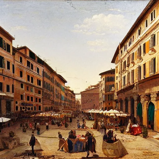 Image similar to the view of a street market, buildings in rome by martinus rørbye