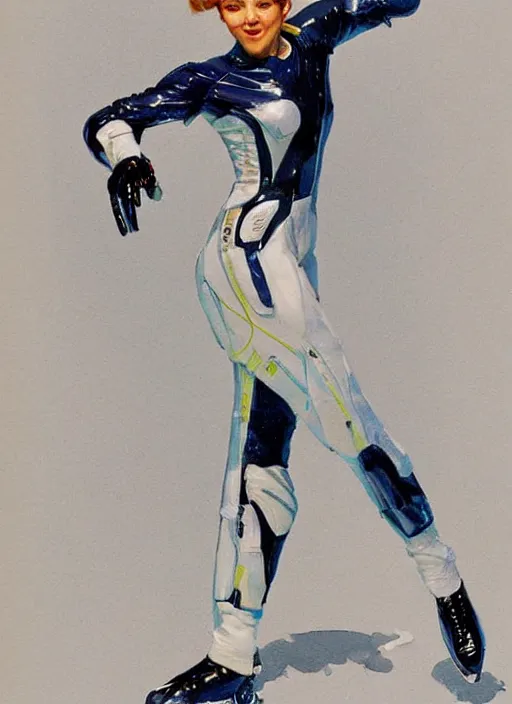 Image similar to a copic maker illustration of a high speed ice skater girl wearing an eva pilot suit designed by balenciaga by john berkey, norman rockwell