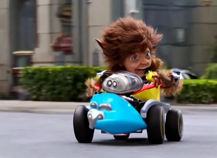 Image similar to peter dinklage racing gizmo from gremlins driving a little tikes cozy coupe, movie still, from the new fast and furious movie, 8 k, realistic