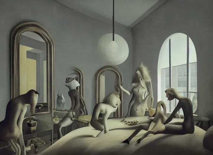 Image similar to group of creatures with distinct personalities, in an urban hotel room, several mirrors : : surreal architecture, chiaroscuro lighting, mysterious atmosphere : : oil painting by leonora carrington, hieronymus bosch and edward hopper, ultra - detailed technical precision : : matte painting, high definition, octane render, unreal engine, 8 k