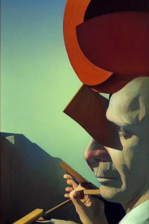 Image similar to Carpenter wearing oculus and tobacco over his head, Edward Hopper and James Gilleard, Zdzislaw Beksisnski, highly detailed