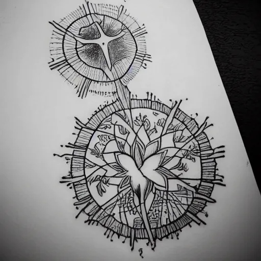 Image similar to Voynich manuscript illustration outline tattoo design, black ink on white paper