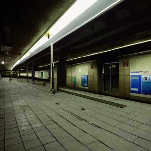 Prompt: A creepy liminal subway station at night