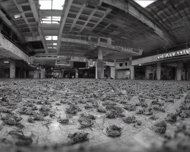 Image similar to camera footage of a Hundreds of Rabid Zerglings in an abandoned shopping mall, high exposure, dark, monochrome, camera, Unreal engine 5, grainy, CCTV, security camera footage, timestamp, zoomed in, fish-eye lens, Evil, Zerg, Brood, spider, horrifying, lunging at camera :4