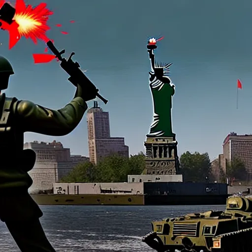 Image similar to The war between the Soviet Union and America, the action takes place in New York, far away against the background of the Statue of Liberty, a lot of soldiers and military equipment, a lot of explosions and tracer bullets, a lot of ruins, a very epic battle, The style of photography of the 80s