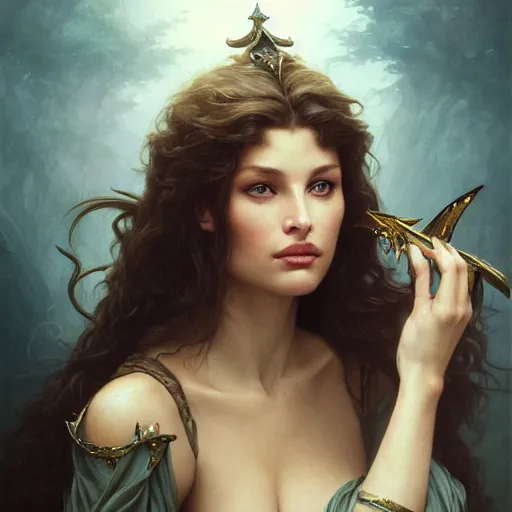 Prompt: Laetitia Casta, D&D, fantasy, intricate, cinematic lighting, highly detailed, beautiful, digital painting, artstation, masterpiece, concept art, smooth, sharp focus, illustration, art by Artgerm peter mohrbacher Greg Rutkowski and william-Adolphe Bouguereau