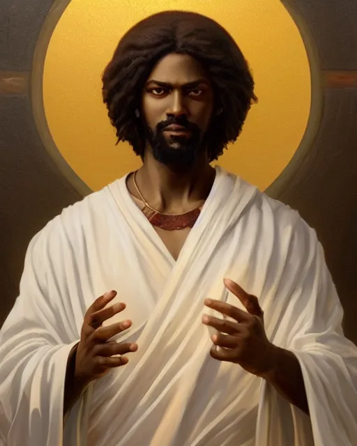 Prompt: black jesus, oil on canvas, artstation, by j. c. leyendecker and edmund blair leighton and charlie bowater, octane