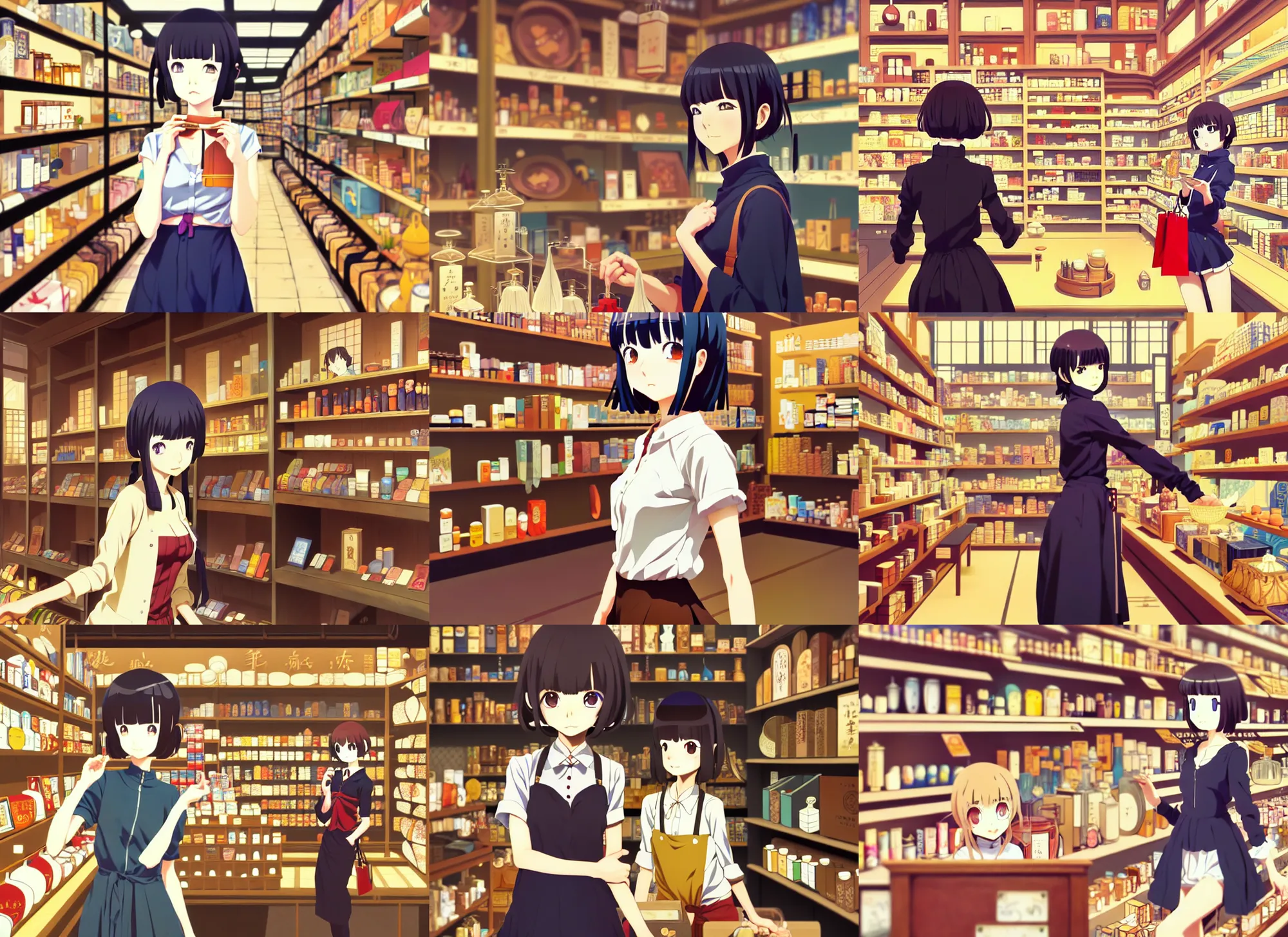 Prompt: anime visual, portrait of a female traveler shopping in a alchemist's shop interior, cute face by ilya kuvshinov, yoh yoshinari, makoto shinkai, katsura masakazu, dynamic pose, dynamic perspective, flat cel shaded, mucha, crisp smooth lines, rounded eyes