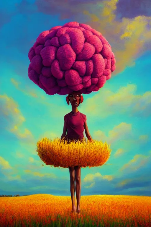 Prompt: closeup, a giant flower as the head, an african woman in a heather field, surreal photography, golden hour, colorful clouds, impressionist painting, digital painting, artstation, simon stalenhag